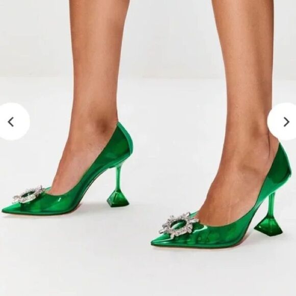 NWT AMINA MUADDI Begum Green Pointed Toe Crystal Brooch Glass Pumps Size… - Picture 2 of 16